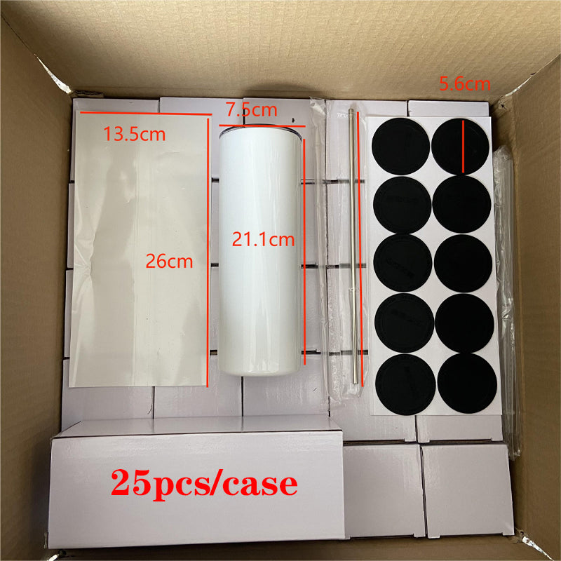 USA Warehouse 20OZ Sublimation Blanks Stainless Steel Skinny Sublimation Straight Tumblers with Metal Straw and Lid