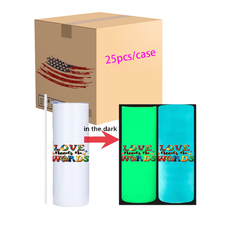 US Warehouse 20oz skinny straight color changing luminous Blue Green Stainless Steel Vacuum Insulated sublimation blank tumbler with lids