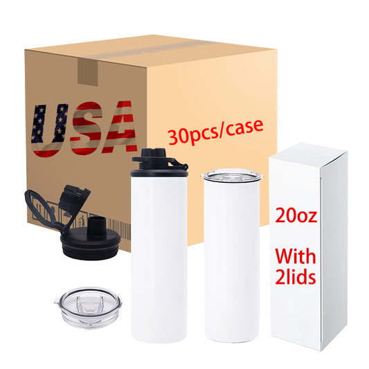 USA Warehouse 30Pack 20oz Reusable Metal Stainless Steel Insulated Blank Sublimation Tumbler Sport Water Bottle with Two 2 Lids