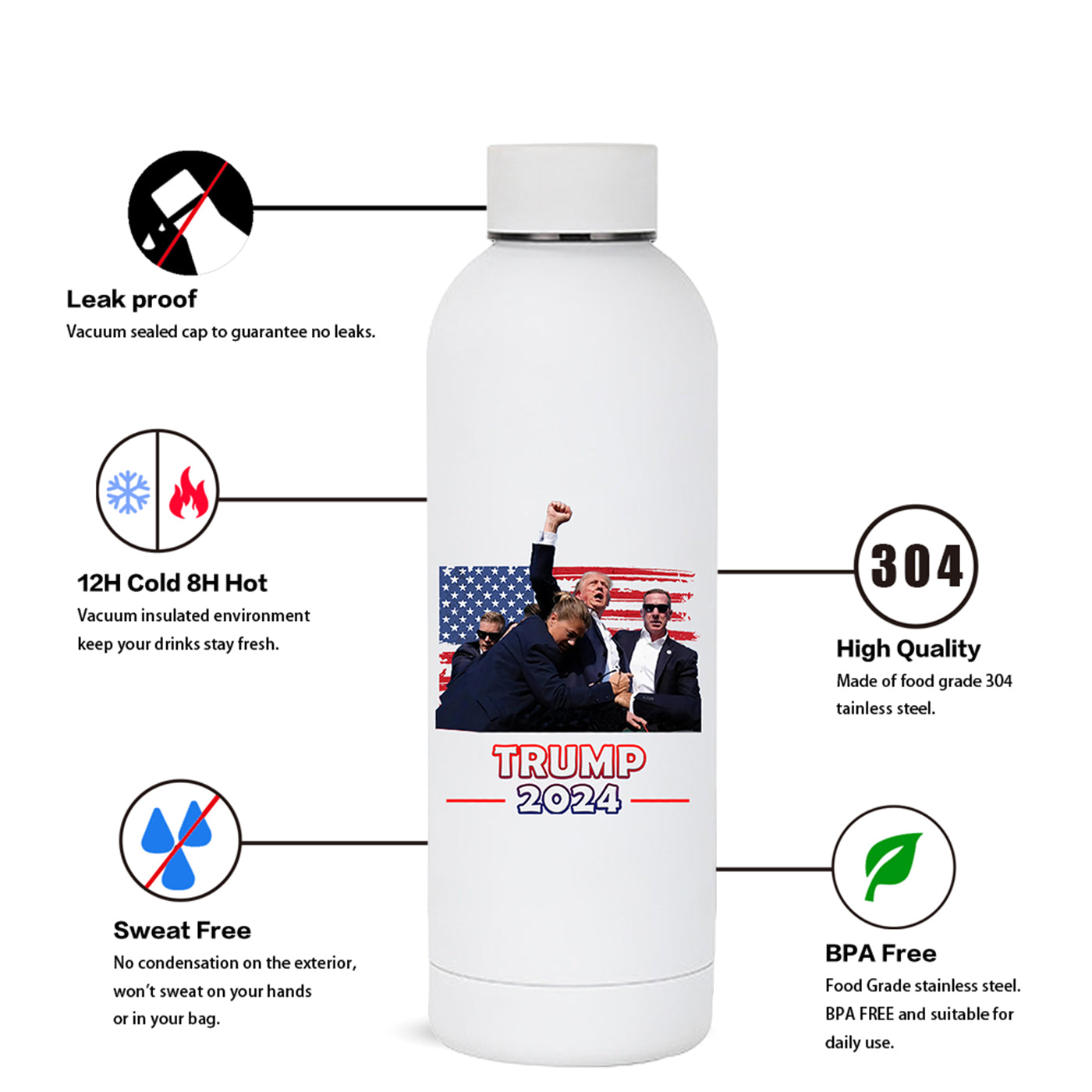 2024 Trump Small Mouth 304 stainless steel outdoor Gym water bottle 500ML sports cup rubber paint water bottles