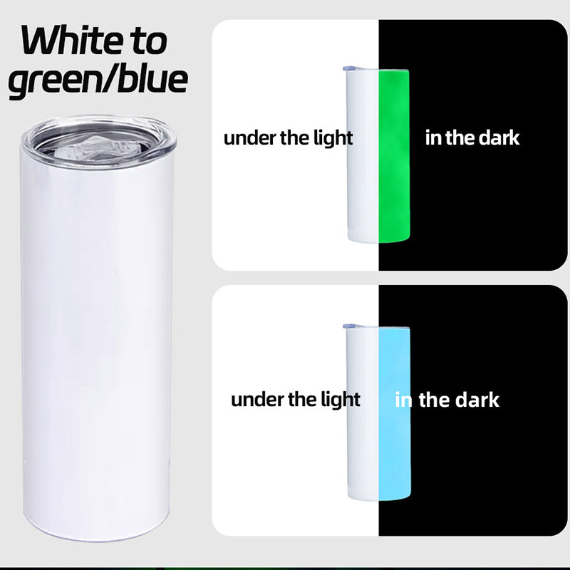 US Warehouse 20oz skinny straight color changing luminous Blue Green Stainless Steel Vacuum Insulated sublimation blank tumbler with lids