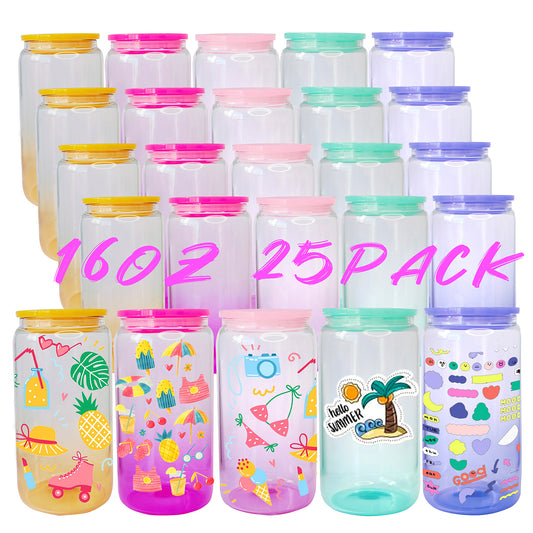 USA Warehouse 16oz clear gradient jelly color glass cans blank sublimation tumbler beer can shaped glass cups with colored lids