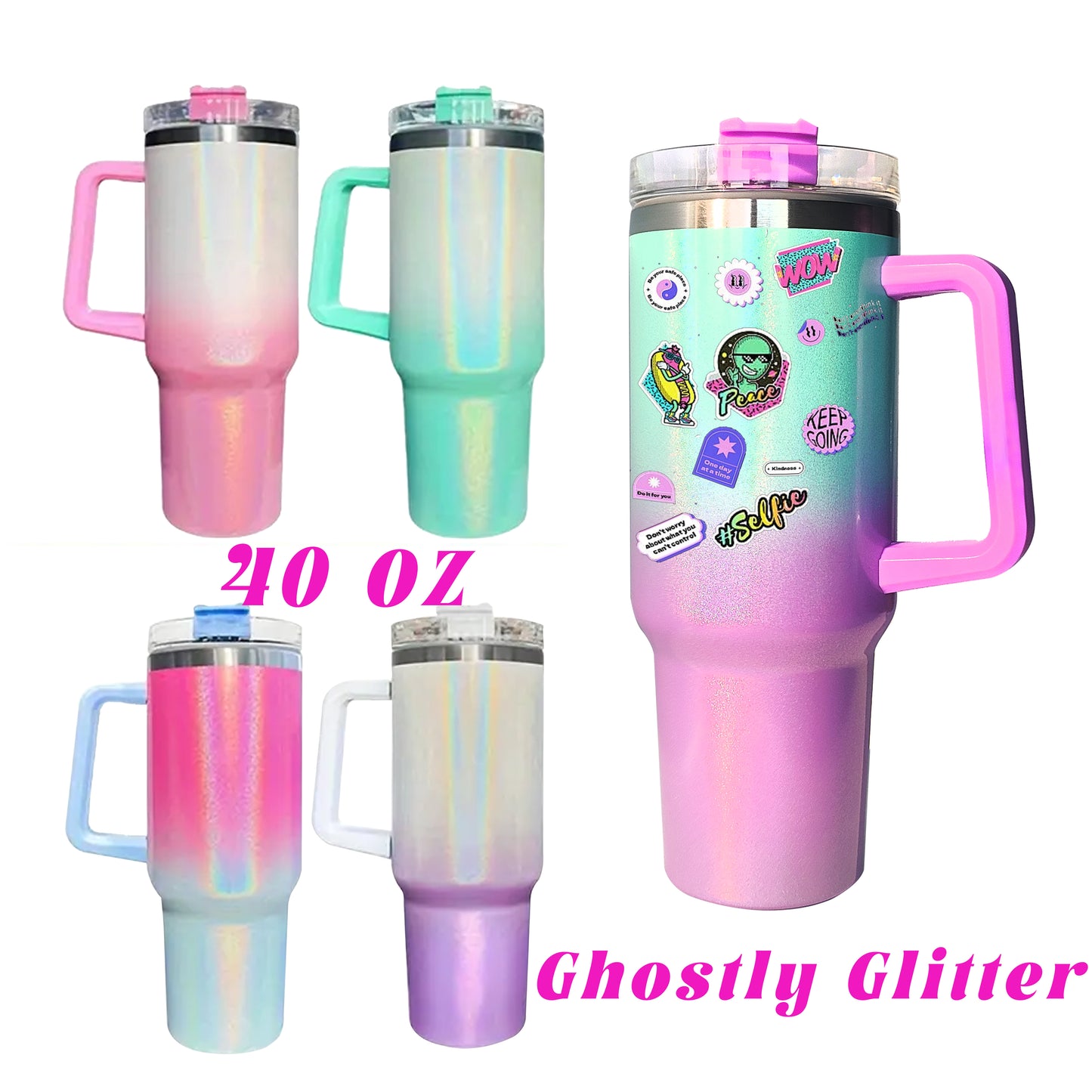 USA China warehouse 40oz Rainbow Shimmer Stainless Steel Double Wall Insulated Sublimation Tumbler With Handle