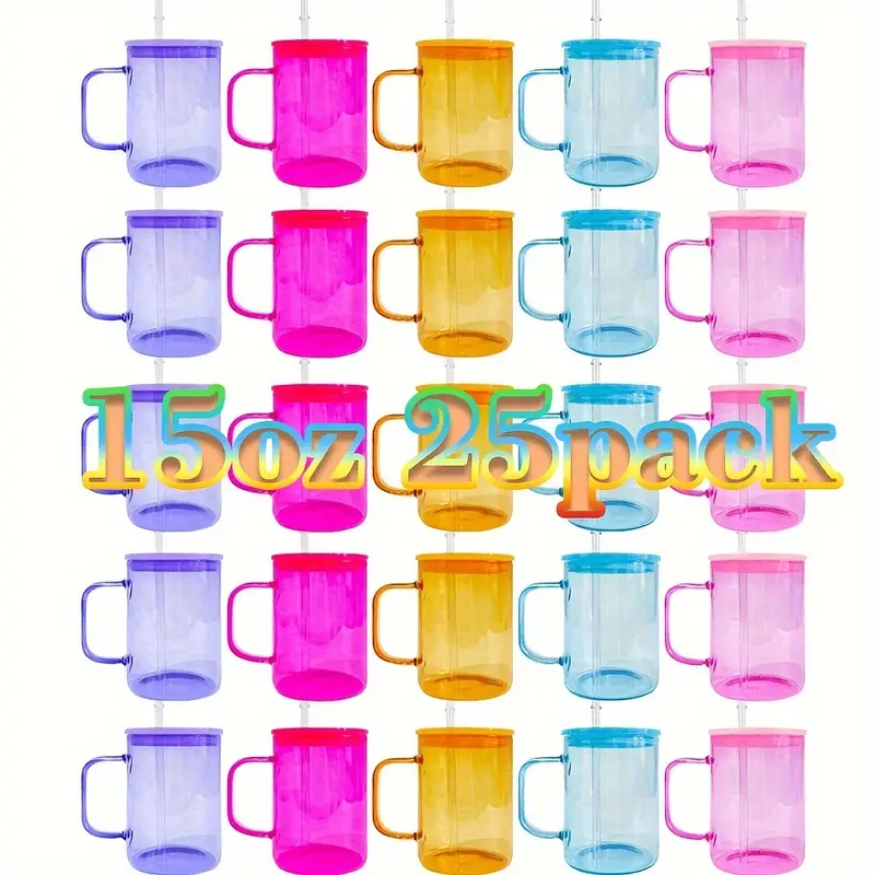 USA Warehouse 15oz Sublimation Blanks Tumbler Clear Candy Colorful Jelly Glass Mugs With Colored Plastic Lid and Straw