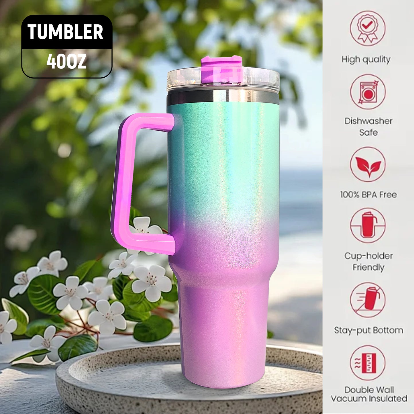 USA China warehouse 40oz Rainbow Shimmer Stainless Steel Double Wall Insulated Sublimation Tumbler With Handle